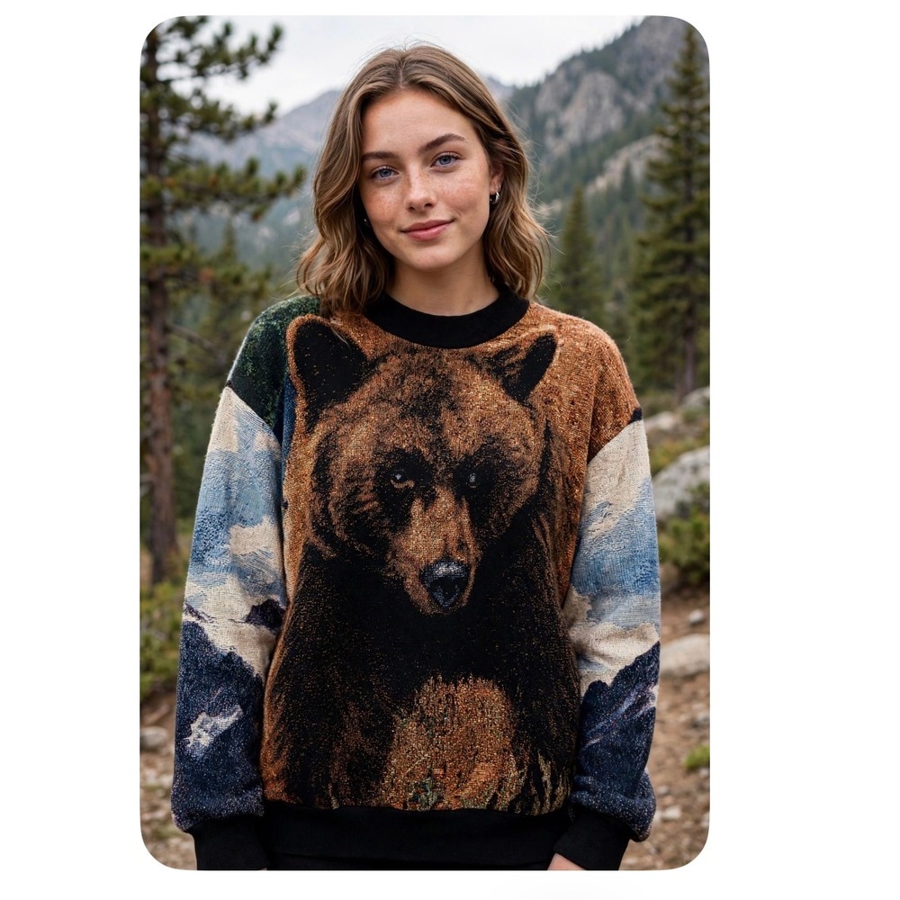 Sugar Street Weavers Vintage Grizzly Bear Tapestry Sweater XL Made in USA Cotton